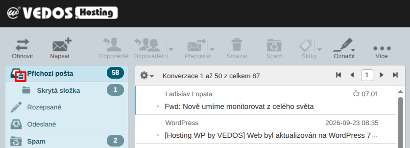 VEDOS Tlačítko skrytí podložek WebMailu