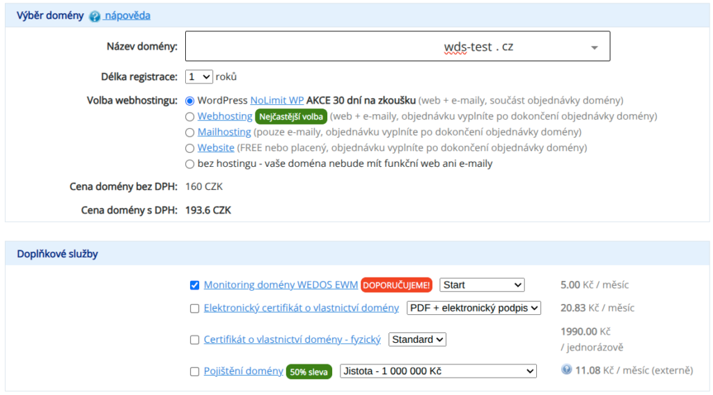 Default domain registration form settings