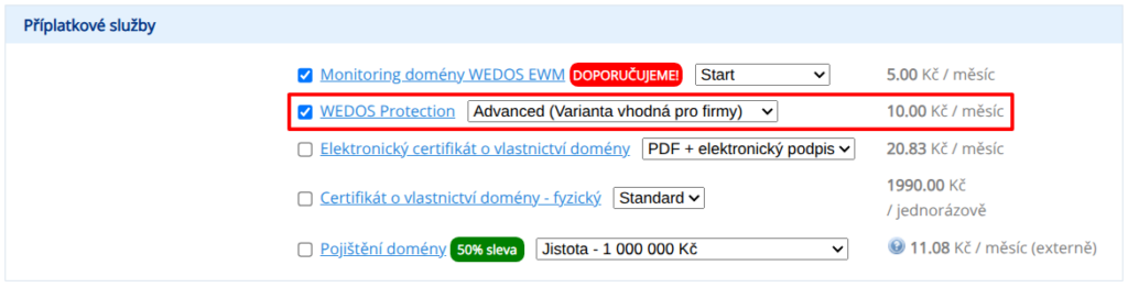 Aktivace WEDOS Proteciton v tarifu Advanced při objednávce domény