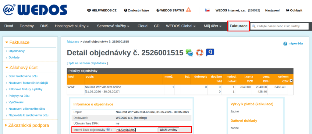 Nastavení interního čísla objednávky v zákaznické administraci
