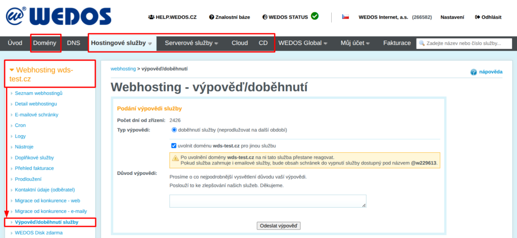 Doběhnutí služby Webhosting s uvolněním vzorové domény pro jinou službu