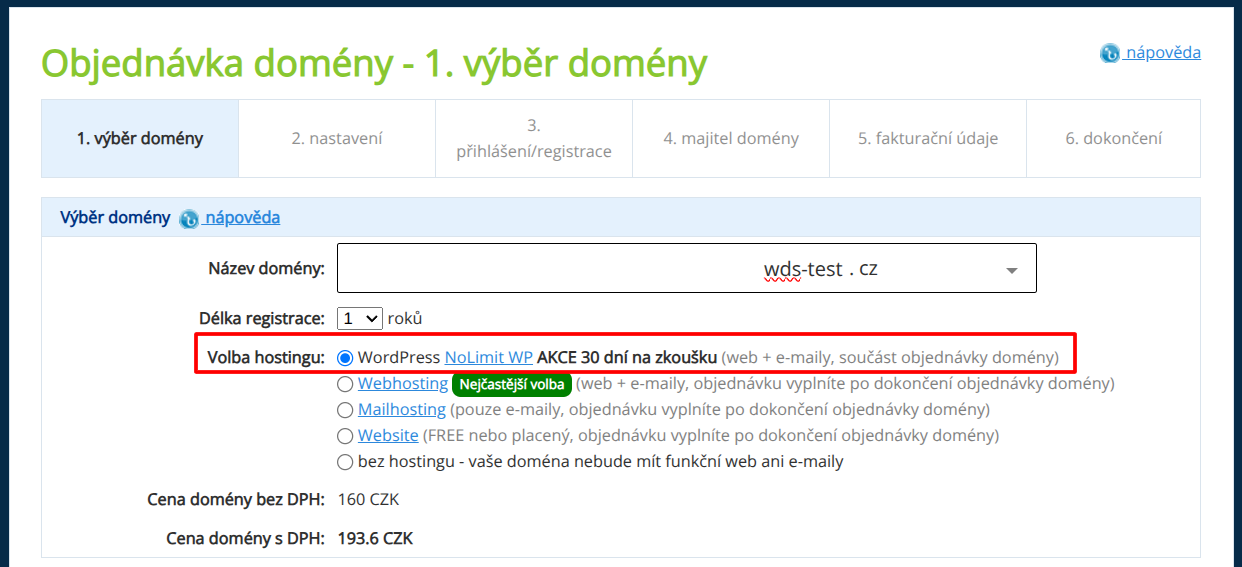 VEDOS Domain Order with a NoLimit WP Hosting Trial
