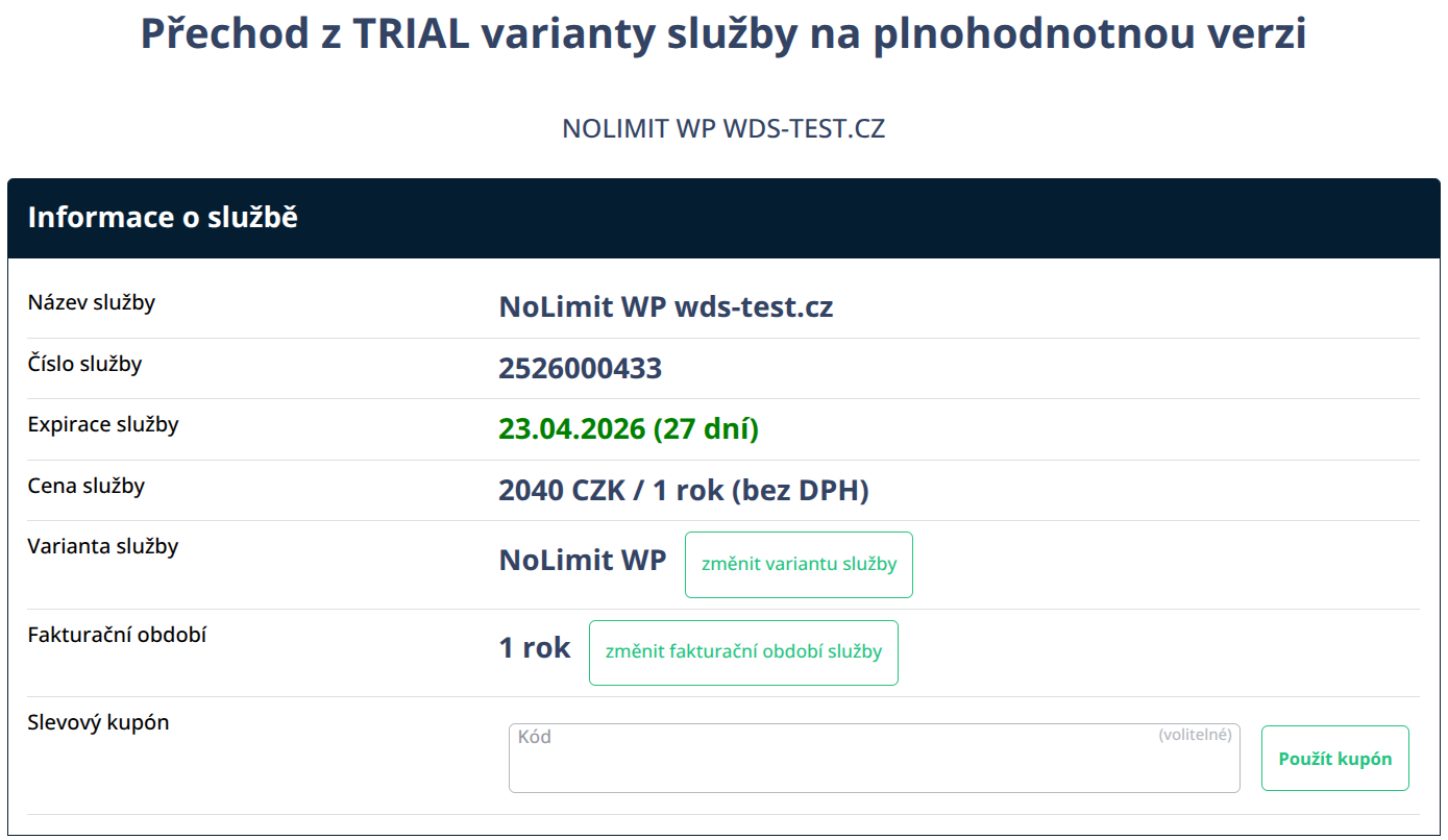 Section of the form for switching from the TRIAL version of the service to the full version