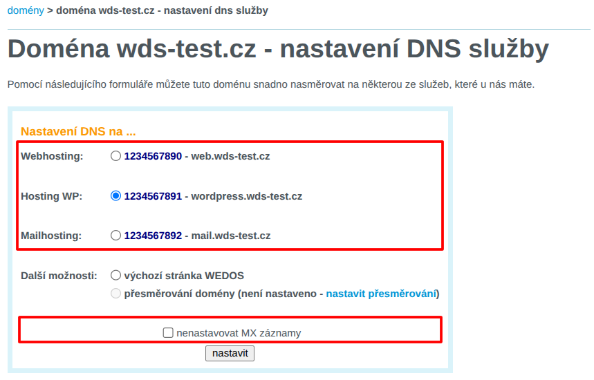VEDOS: Selecting a service for redirecting a sample domain and deciding whether to block email settings