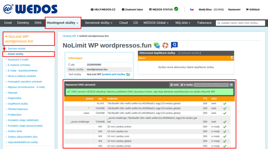 VEDOS Sample DNS Record Settings for the WP Hosting Service