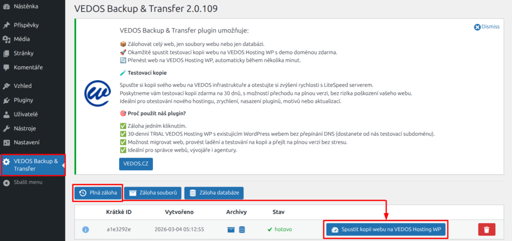 Spuštění kopie WordPressu na službě Hosting WP