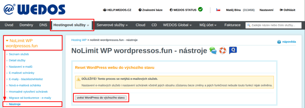Tlačítko pro reset WordPressu na Hostingu WP