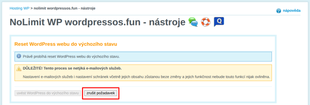 VEDOS Zrušení požadavku na reset WordPressu