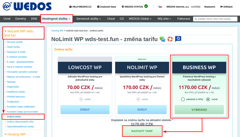 VEDOS Změna tarifu služby Hosting WP