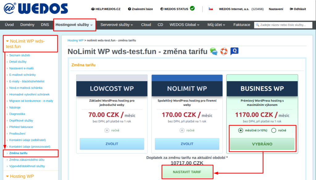 VEDOS Nastavení tarifu Business WP s měsíční fakturací (platné od dalšího fakturačního období)