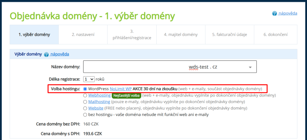 VEDOS: Select the NoLimit WP trial version when ordering a domain