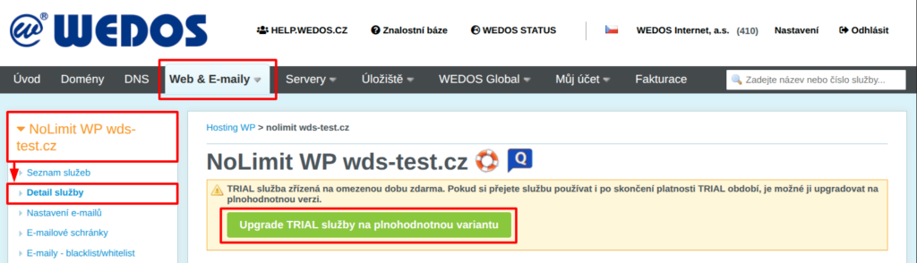 VEDOS Button to upgrade the WP Hosting trial version to a full version