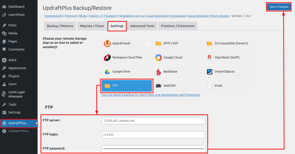 VEDOS Vzorové nastavení zálohování na službu Disk přes FTP v pluginu UpDraftPlus (verze 1.26.1)