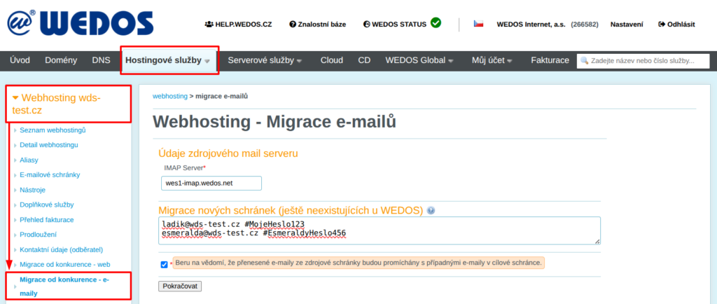 VEDOS Klíčová pole rozhraní migrace e-mailů (redakčně upraveno)