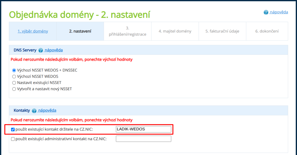VEDOS Zadání vítězného kontaktu MojeID v objednávce domény