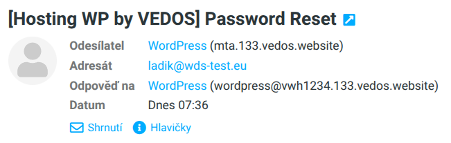 VEDOS Sample password reset email sent from the Hosting WP SMTP server