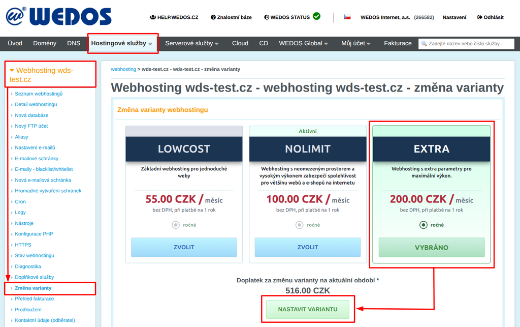 VEDOS Změna tarifu služby Webhosting