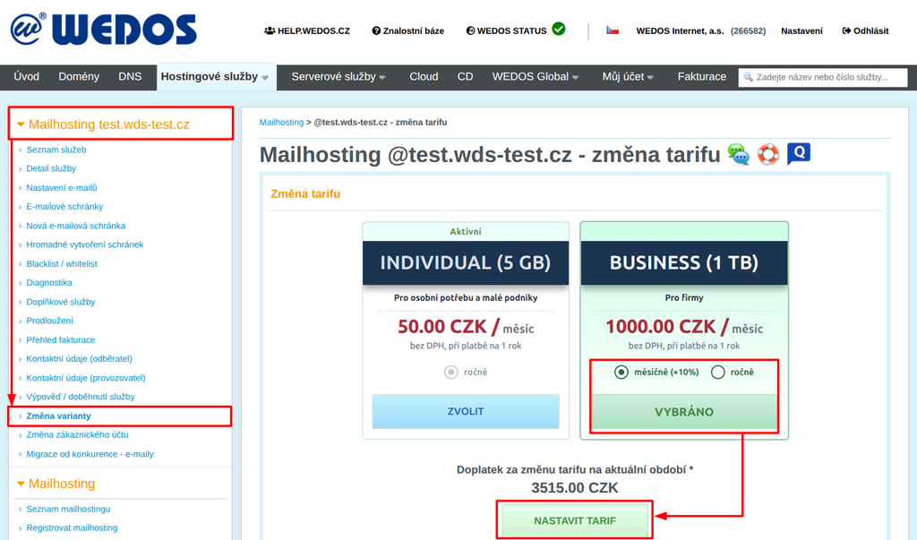 VEDOS Nastavení tarifu služby Mailhosting s měsíční fakturací (platné od dalšího fakturačního období)