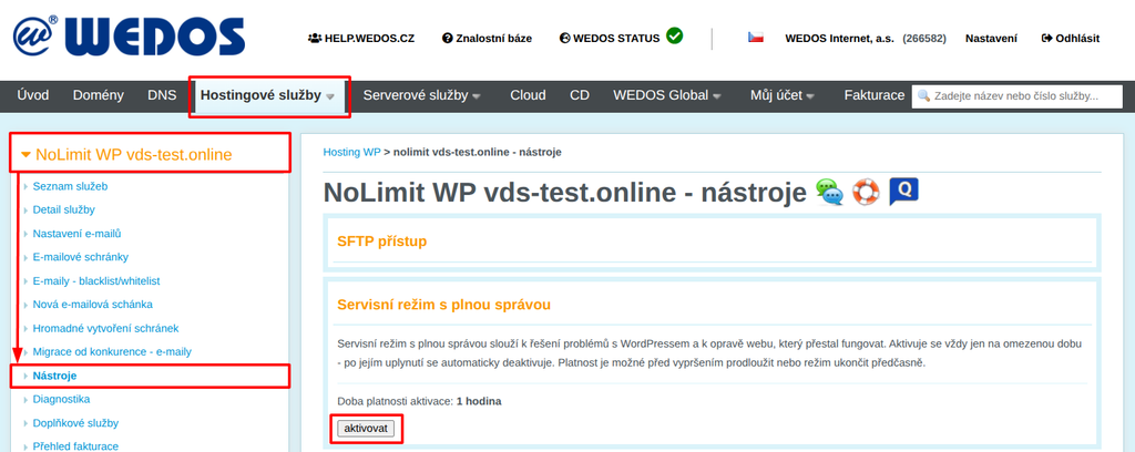 VEDOS Aktivace servisního režimu v Nástorjích Hostingu WP