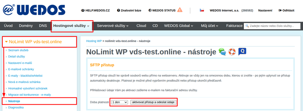 VEDOS Aktivace SFTP služby Hosting WP