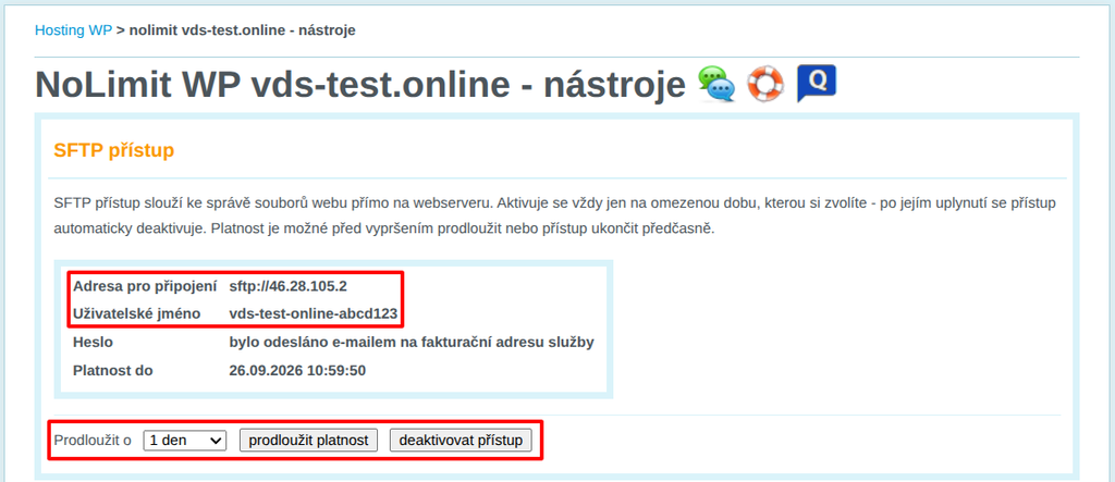 VEDOS Ovládání existujícího SFTP účtu služby Hosting WP