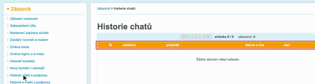 Animace: otevření historie e-mailů s podporou a výběr archivu